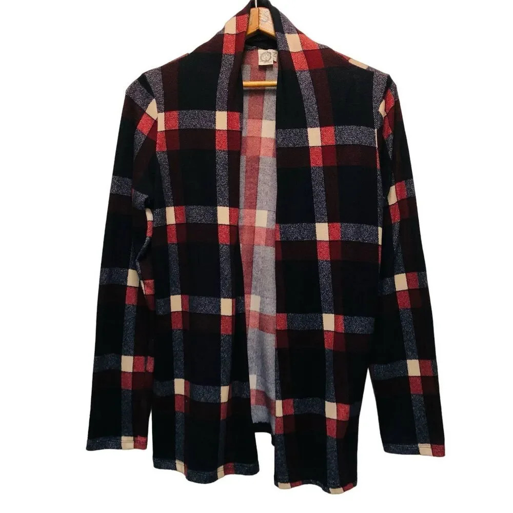 Sun & Moon Open Cardigan Women Medium Red/Blue Plaid Elbow Patches Grandpa Core